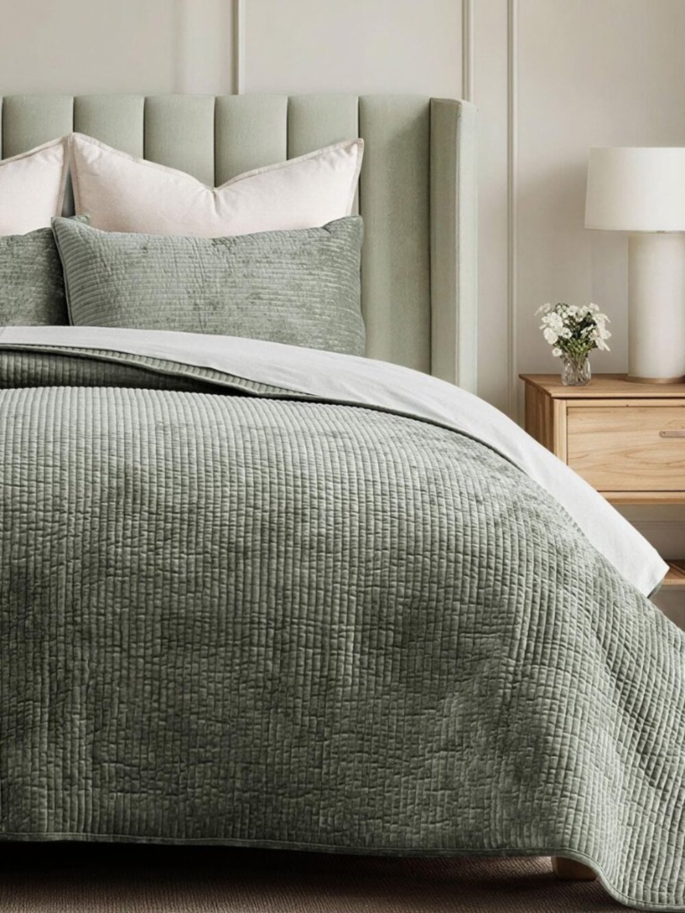Striped Channel Velvet Quilt Set, King Size, Dried Thyme Green